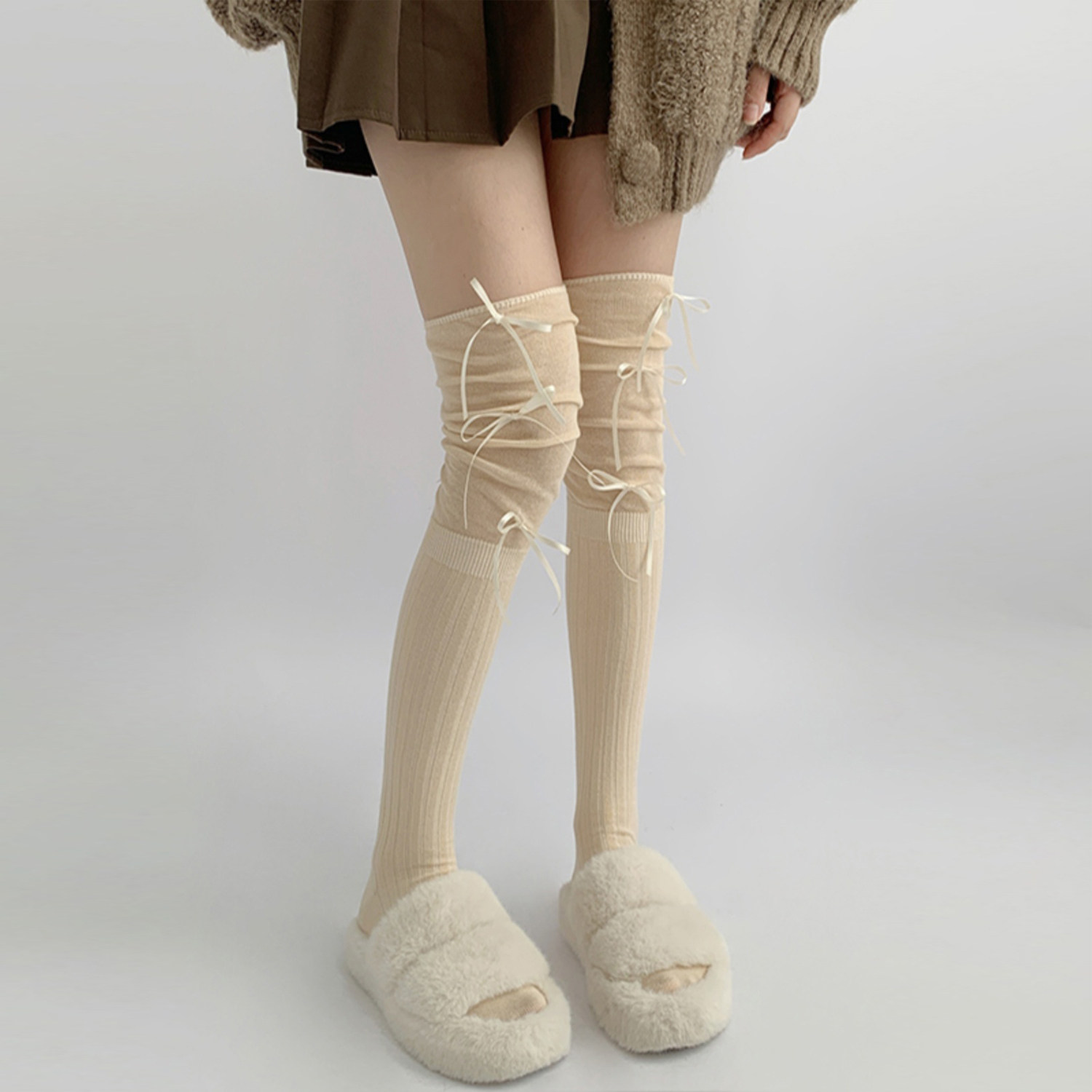 白色蝴蝶结堆堆过膝袜子女春秋款长筒袜配靴子薄款jk芭蕾风小腿袜,淘宝优惠券,粉丝福利购,淘宝优惠卷