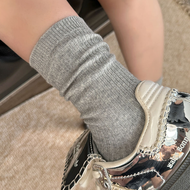 灰色袜子女春秋款中筒袜韩国袜子长筒袜棉白色夏季堆堆袜配小皮鞋 - 图0