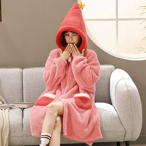 Коралловая бархатная демисезонная утепленная пижама с капюшоном, милый удерживающий тепло банный халат, 2021 года