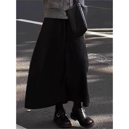 深灰色毛呢花苞裙女春秋季新款高腰a字加厚半身裙中长款蓬蓬长裙 - 图3