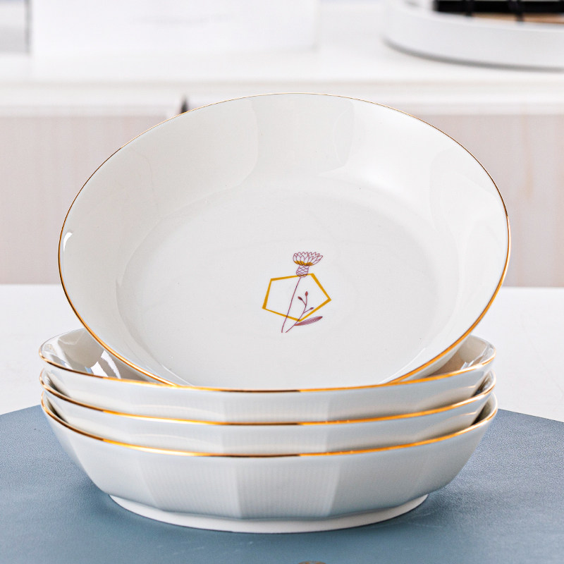 家用盘子菜盘新款好看金边陶瓷餐具大容量加厚装菜深盘过年盘子,淘宝优惠券,粉丝福利购,淘宝优惠卷
