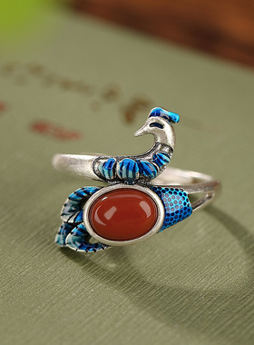 925纯银孔雀戒指女开口南红原创