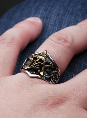 欧美新款霸气骷髅五角星玫瑰戒指