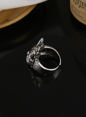 个性S925纯银开口狗头指环夸张男