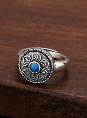 复古六字真言s925银戒指男女原创