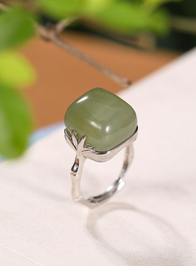 竹节竹叶古法金戒指天然和田青玉