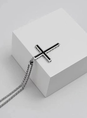【好运】s925银十字架吊坠男女士黑色嘻哈项链学生时尚潮复古首