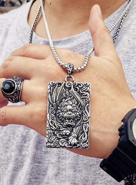 【好运】神兽火麒麟项链男方牌霸