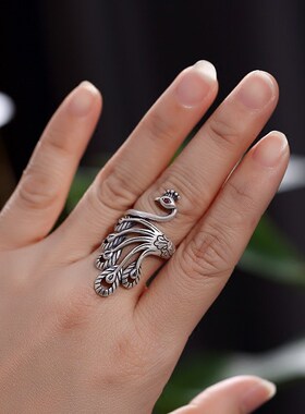 S925纯银宽面戒指女民族风凤凰孔