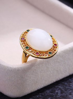 宫典国潮古法金色纯银和田玉戒指