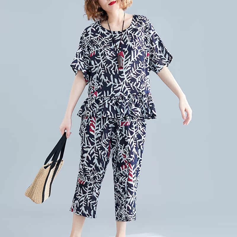 大码女装胖mm民族风碎花两件套洋气 媚娇兰大码女装