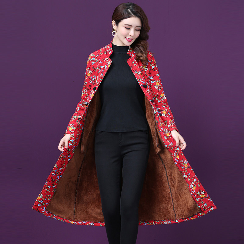 民族风中长款冬季新款加绒碎花棉服 媚娇兰大码女装