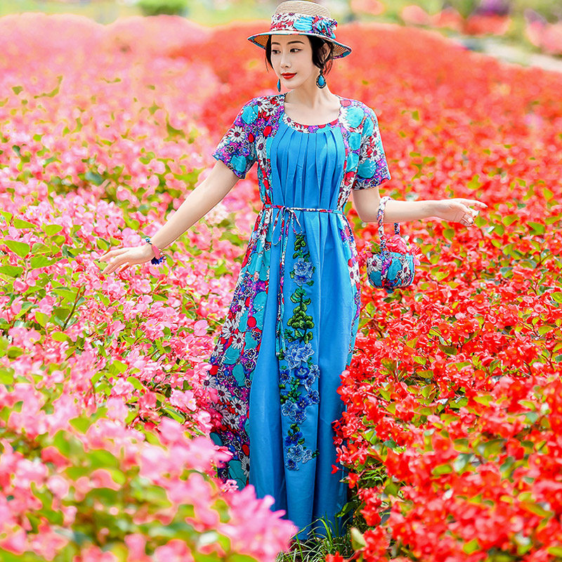 中国民族风宽松大码碎花色连衣裙 媚娇兰大码女装