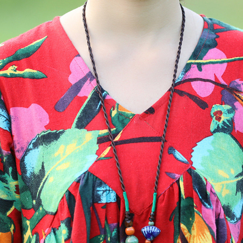 秋冬胖mm v领棉麻长袖过膝连衣裙 媚娇兰大码女装