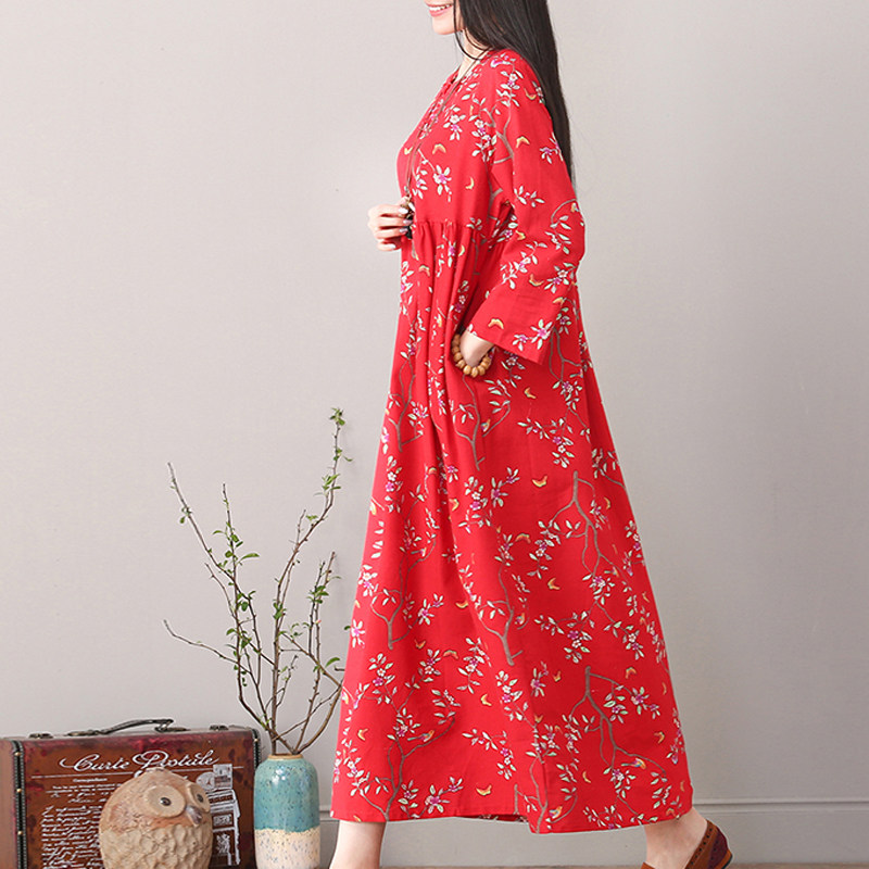 春秋长袖碎花棉麻中国民族风连衣裙 媚娇兰大码女装