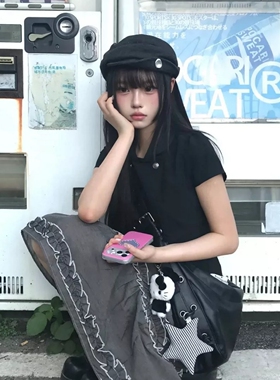 复古金属扣翘檐黑色报童马术帽子