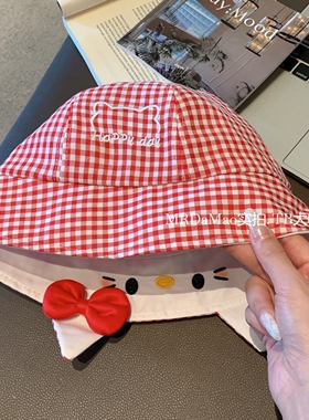 可爱格纹Kitty猫渔夫帽女夏季