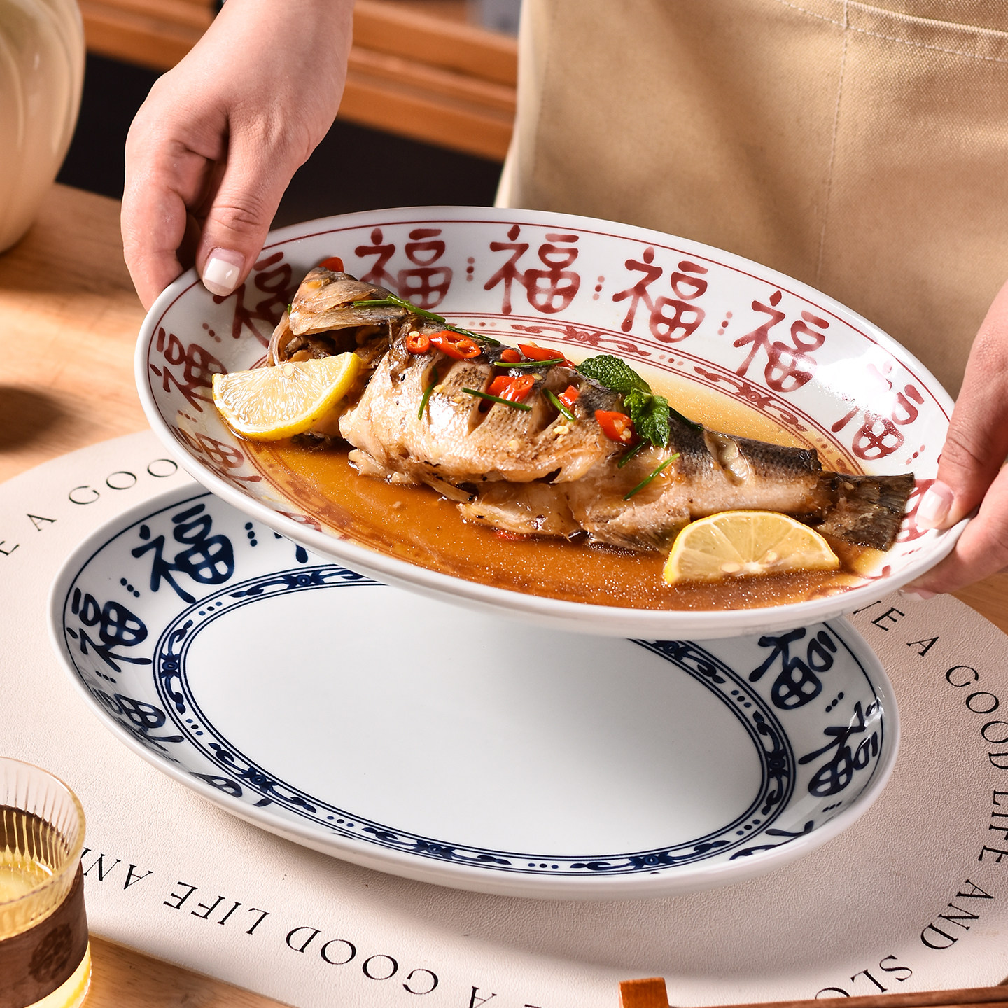 中式陶瓷鱼盘家用2025新款大号福字蒸鱼盘装鱼碟子釉下彩蒸鱼盘子,淘宝优惠券,粉丝福利购,淘宝优惠卷