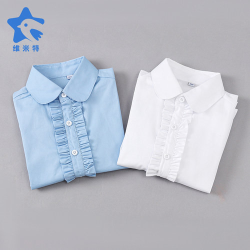 女童白衬衫纯棉长袖木耳边儿童白色衬衣女孩花边全棉校服表演出服 - 图1