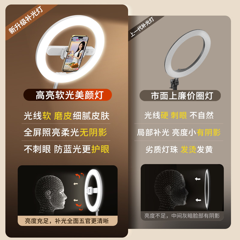 手机直播补光灯主播专用面部摄影灯光专业直播间美颜灯形灯柔光灯设备全套拍摄专用圆形打光灯全面屏环形支架,淘宝优惠券,粉丝福利购,淘宝优惠卷