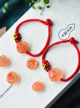 手工编织红兔毛玫瑰花红绳手链