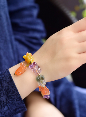 天然水晶全家福多宝金鱼手链