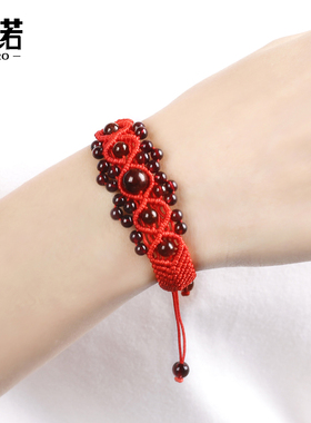 宽版石榴石民族风手编红绳手链