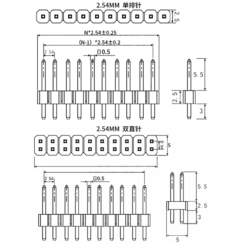 镀金 2.54MM间距单排针/双排针 2P3P4P5P6P7P8P9P10P20P30P40P-图3