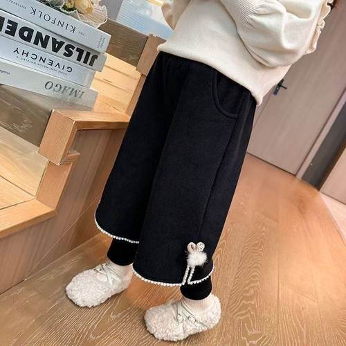 儿童秋冬加绒加厚双层保暖新款韩版休闲时尚假两件裤子女童裤子 - 图0