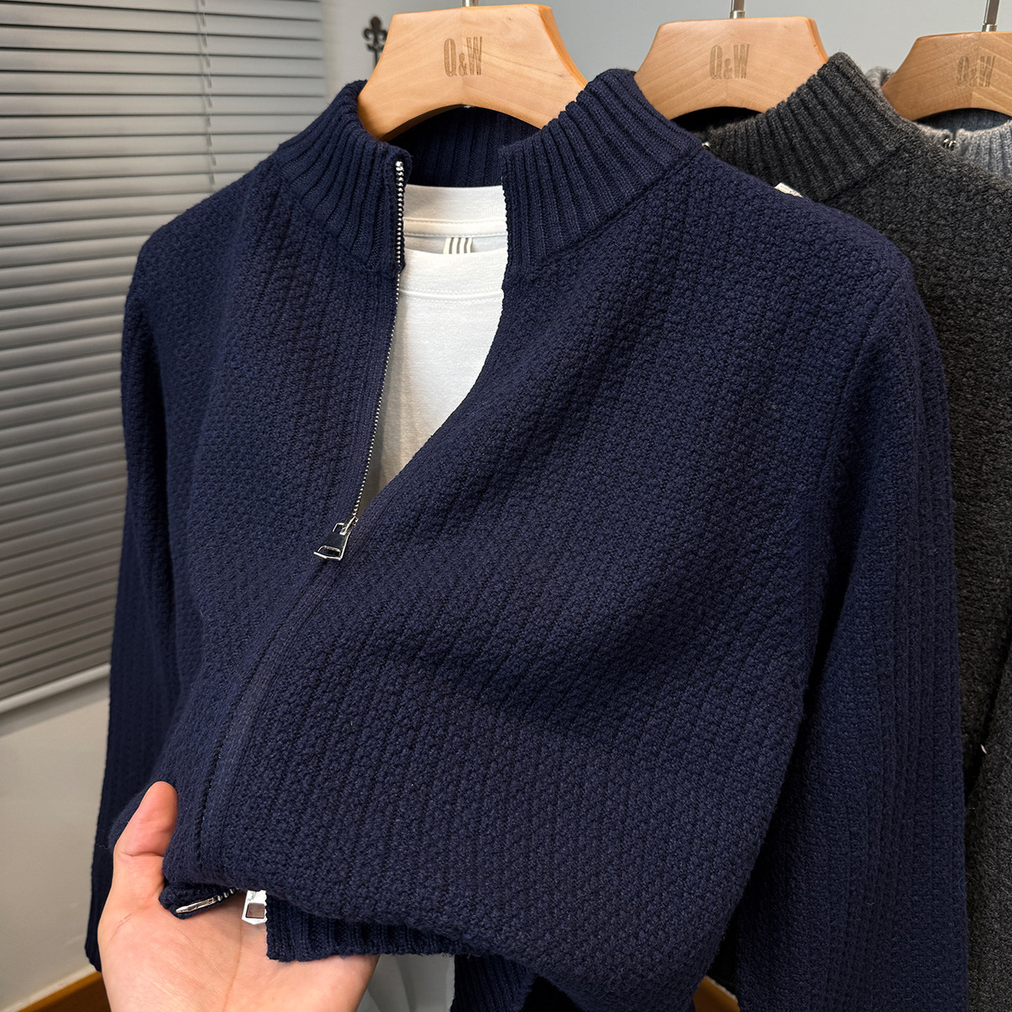 双拉链半高领开衫男针织衫春秋款中年人毛衣外套男装立领外搭纯色,淘宝优惠券,粉丝福利购,淘宝优惠卷