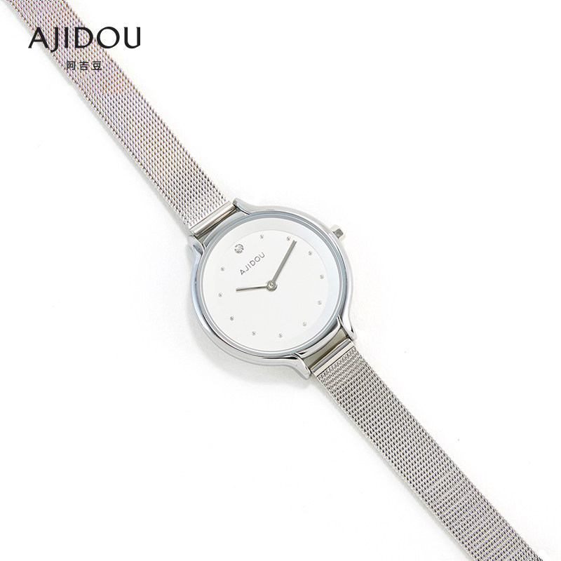 阿吉豆银色钢带圆盘女士时尚女表 AJIDOU国产腕表