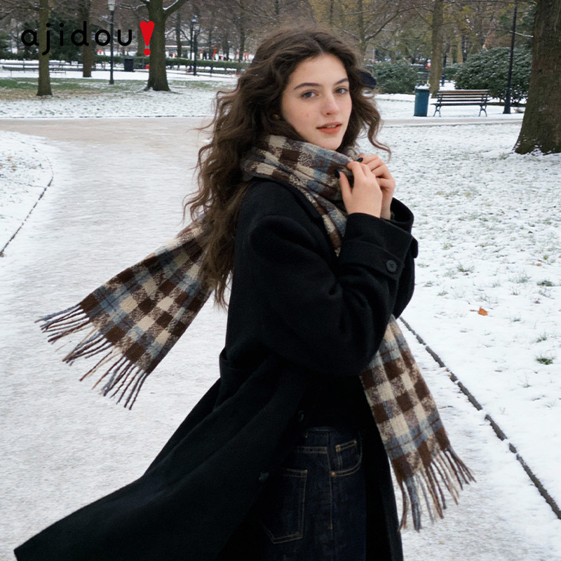 AJIDOU阿吉豆围巾女冬季保暖加厚毛绒千鸟格围脖女披肩新年战袍,淘宝优惠券,粉丝福利购,淘宝优惠卷