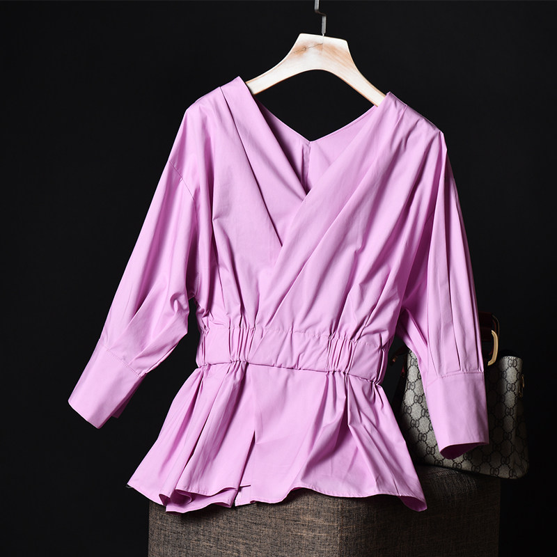 白色中袖v领女七分袖百搭网红衬衫 水鹭服饰衬衫