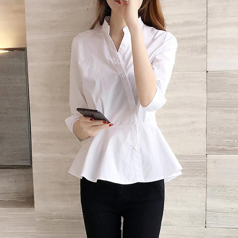 白色中袖v领女七分袖百搭网红衬衫 水鹭服饰衬衫