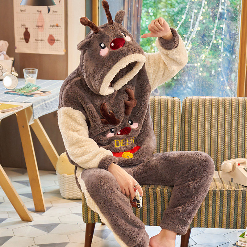 男秋冬季连帽可爱青年珊瑚绒睡衣 仙罗兰服饰睡衣/家居服套装