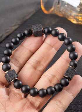 秋冬男士黑磨砂火山石串珠手链