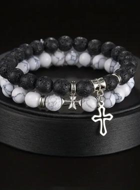 欧洲复古十字架吊坠弹力手链白松8mm手串火山石头情侣手链2件套装