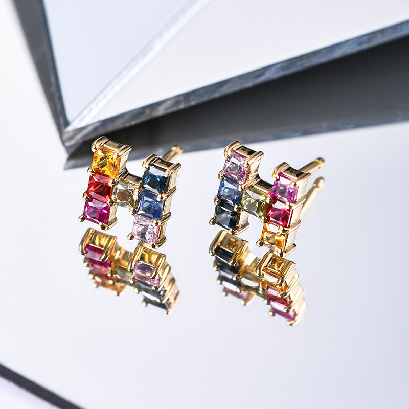 海梵纪珠宝 H设计彩虹微笑渐变彩色宝石天然蓝宝石耳钉18K金,淘宝优惠券,粉丝福利购,淘宝优惠卷