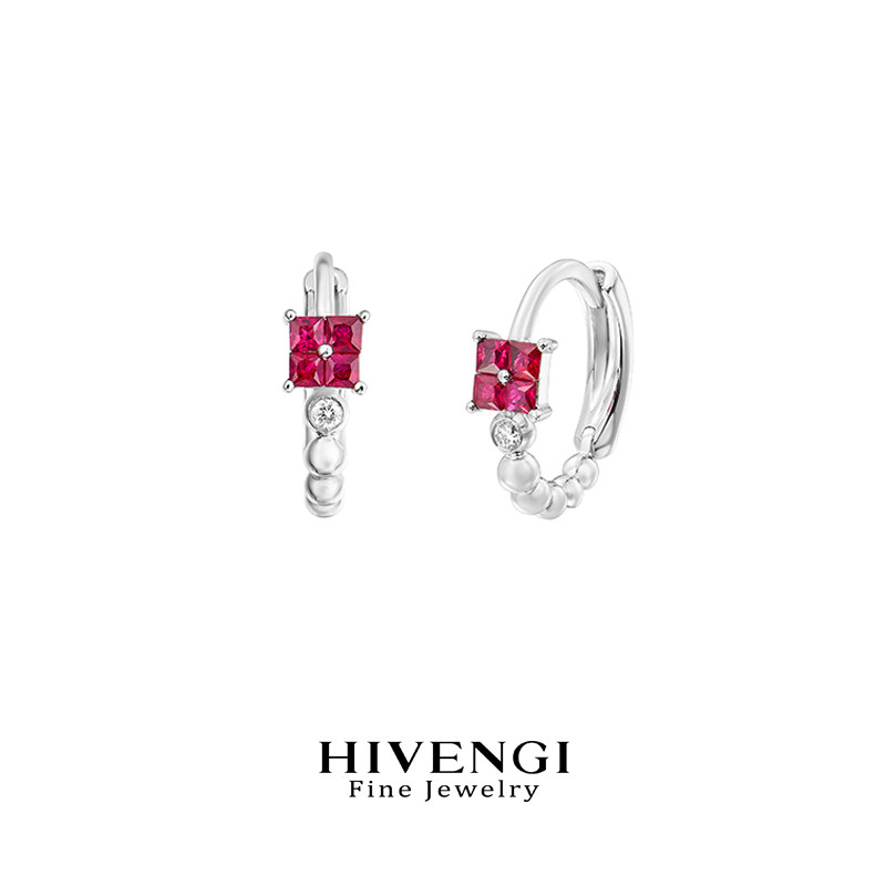 海梵纪斯里兰卡皇家蓝蓝宝石耳环18K金 方形红宝石耳钉镶钻耳夹女,淘宝优惠券,粉丝福利购,淘宝优惠卷