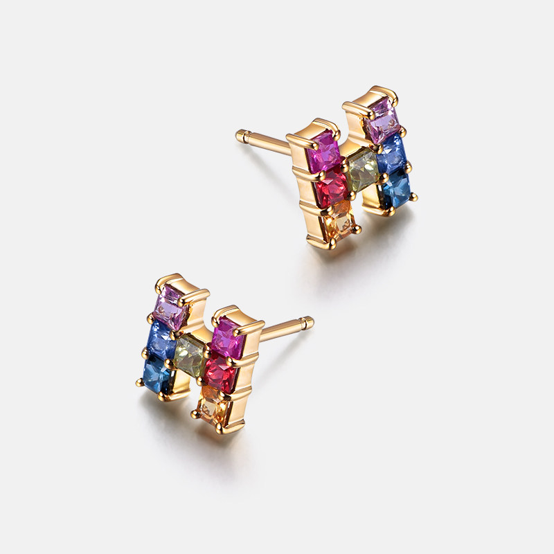 海梵纪珠宝 H设计彩虹微笑渐变彩色宝石天然蓝宝石耳钉18K金,淘宝优惠券,粉丝福利购,淘宝优惠卷
