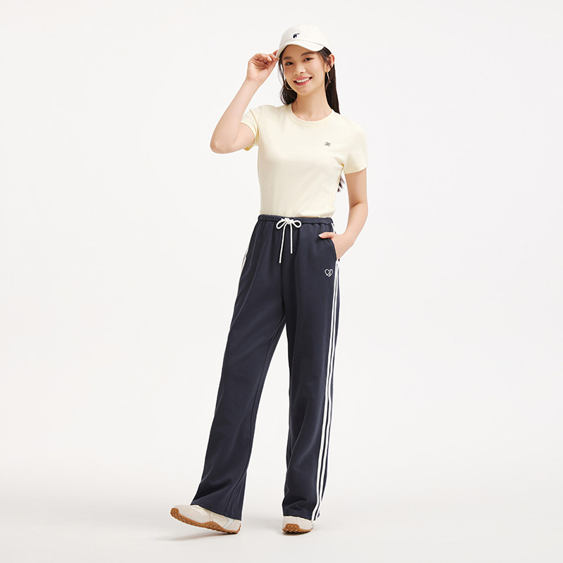 热风女士直筒卫裤2026年春季新款拼边运动风松紧腰直筒慵懒风卫裤,淘宝优惠券,粉丝福利购,淘宝优惠卷