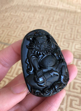 天师钟馗吊坠天然黑曜石挂件男女玉佩项链送证书
