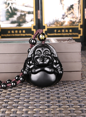 天然黑曜石大肚佛挂件证书吊坠