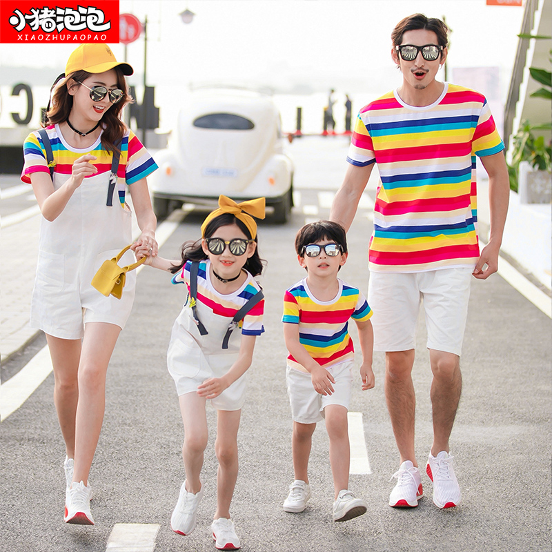 亲子装夏装 新款潮母女母子洋气彩虹条纹一家三四口全家装 2019 亲子装夏装 新款潮母女母子洋气彩虹条纹一家三四口全家装 2019