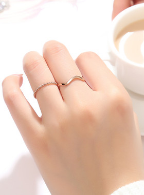 波浪戒指女食指细款素圈百搭韩版玫瑰金个性简约时尚钛钢尾戒指环