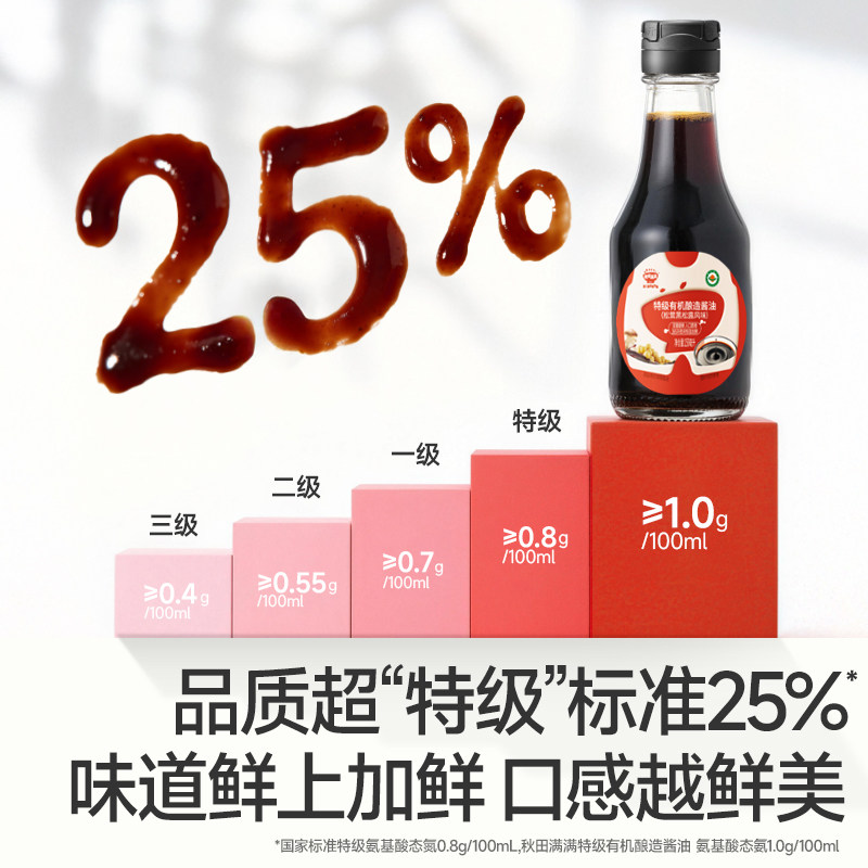 秋田满满调味料有机酱油无添加白砂糖减盐型，送宝宝婴儿童辅食谱