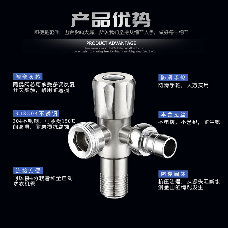 304不锈钢一进二出三出角阀三通马桶洗衣机龙头分水器阀门三头通