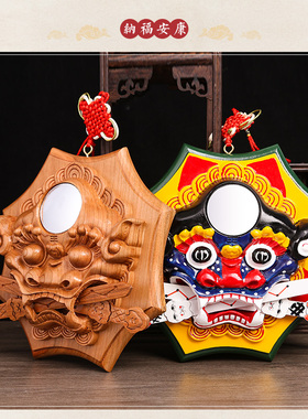 桃木浮雕狮咬剑挂件兽头中国结
