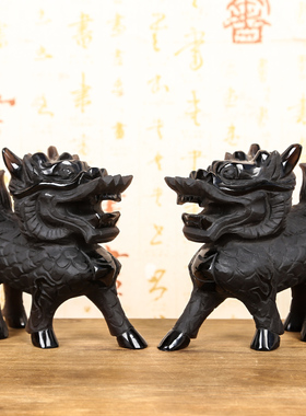 天然黑曜石麒麟摆件一对