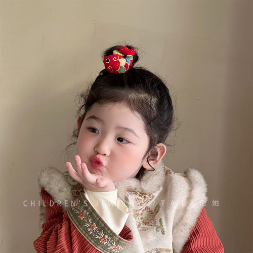 新年喜庆马年吉祥刺绣锦鲤发圈儿童发圈公主生肖百搭扎发头绳发饰 - 图1